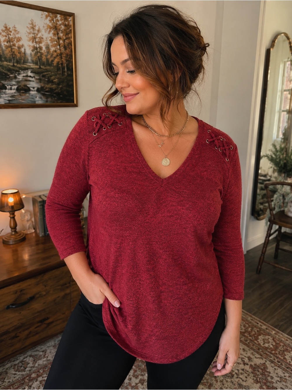 torrid Burgundy V-Neck Lace-Up Shoulder Long Sleeve Top